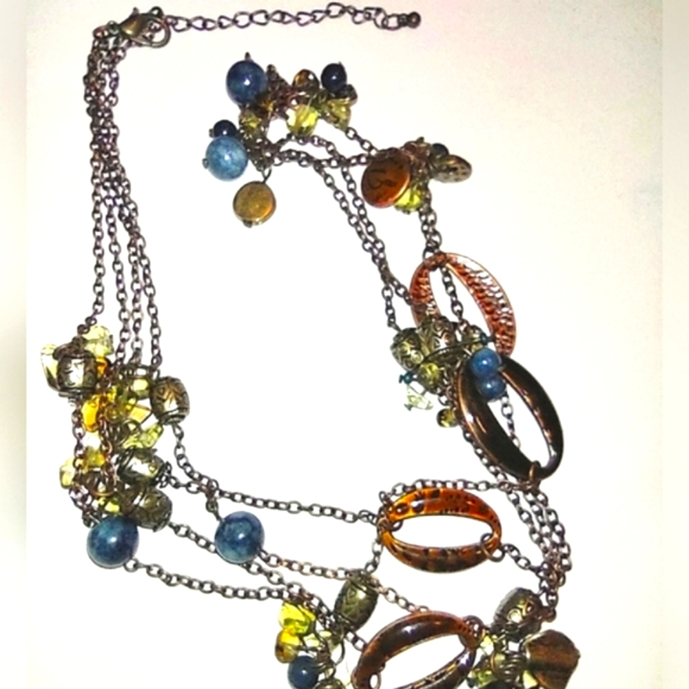 Long Chain Necklace; Blue, Copper, Olive green & Black Beads
